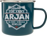 Mok - Top vent - Arjan - Geëmailleerd - Gevuld met een snoepmix - In cadeauverpakking