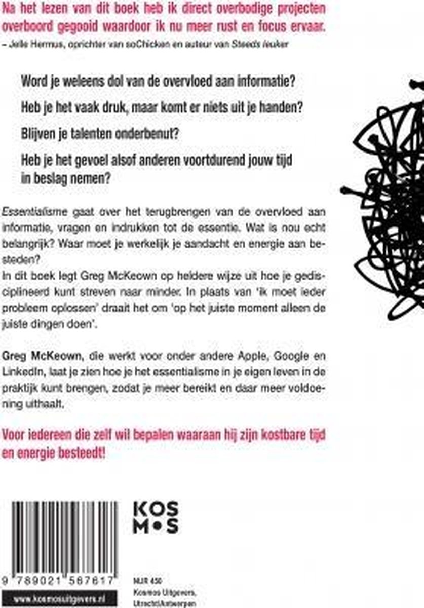 Achterkant van het boek 'Essentialisme' met tekst en een zwarte, kriebelachtige lijn. 'Niet meer alles moeten'.