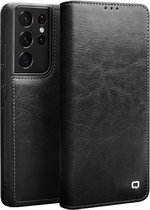 Qialino Genuine Leather Boekmodel hoesje Samsung S21 Ultra Zwart