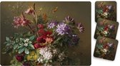 Placemats 6 stuks 42 x 30 cm bedrukt met Stilleven met bloemen en 10 bijpassende onderzetters 10 x 10 cm