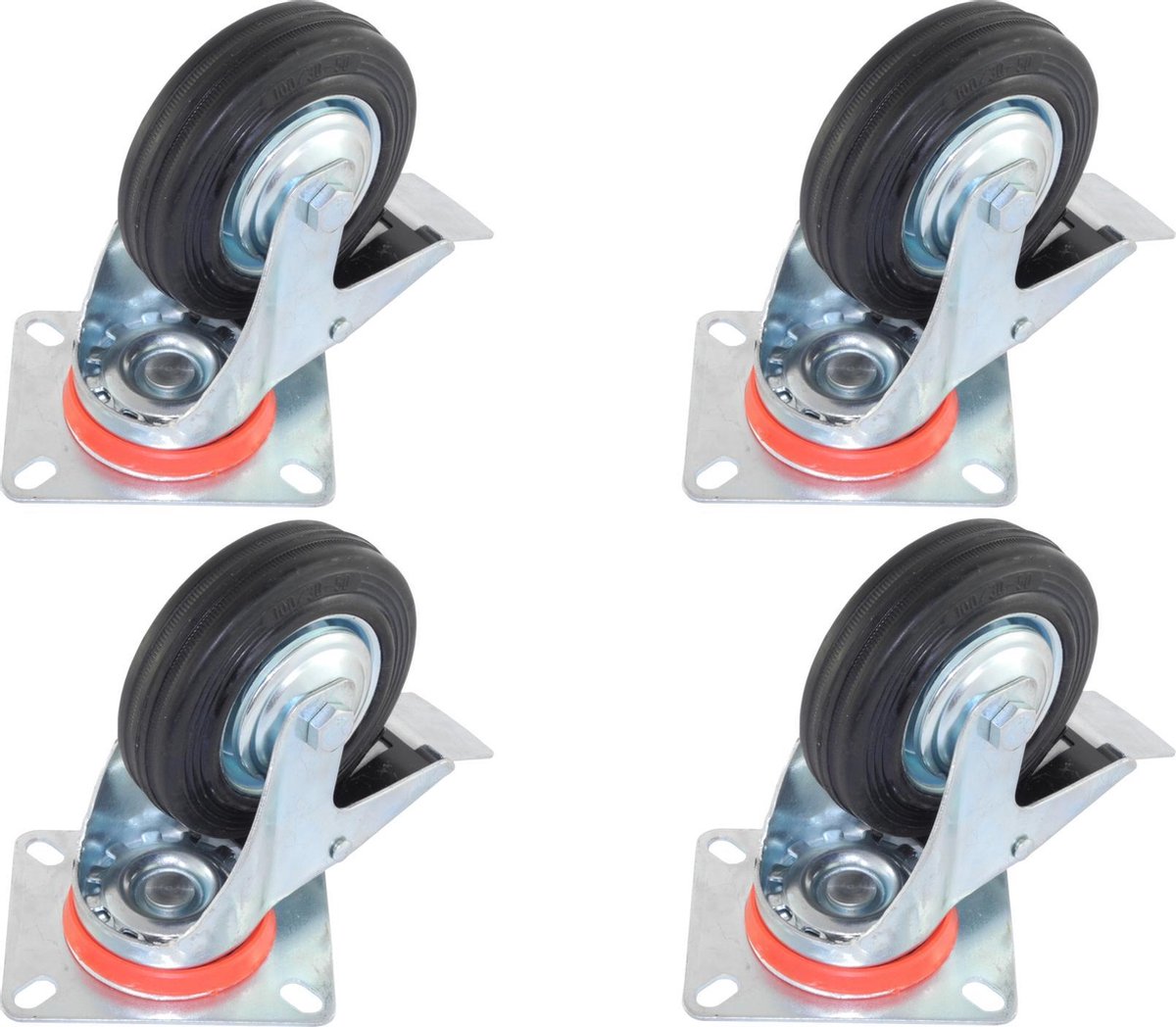 Set van 4 Zwenkwielen Transportwielen 100mm | 4 x Zwenkwiel met Rem | Draagvermogen 4x70kg | Bevestigingsplaat 10x8cm | Hoogte 127mm