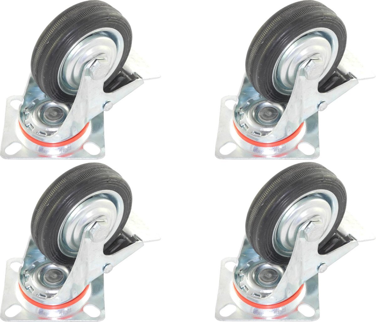 Set van 4 zwenkwielen transportwielen 75mm | met Rem | Draagvermogen 4x50kg | Bevestigingsplaat 72x60mm | Hoogte 95mm