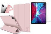 Hoes geschikt voor iPad Pro 2021 12.9 inch - Screenprotector GlassGuard - Trifold Book Case Leer Tablet Hoesje Roze