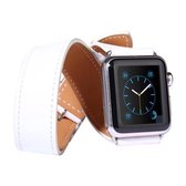 Voor Apple Watch 42mm dubbele cirkel stijl metalen gesp koeienhuid lederen horlogeband met connector (wit)