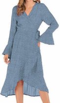 V-hals Hoorn Lange mouwen Ruches Lace-up Jurk (Kleur: Blauw Maat: L)-Blauw