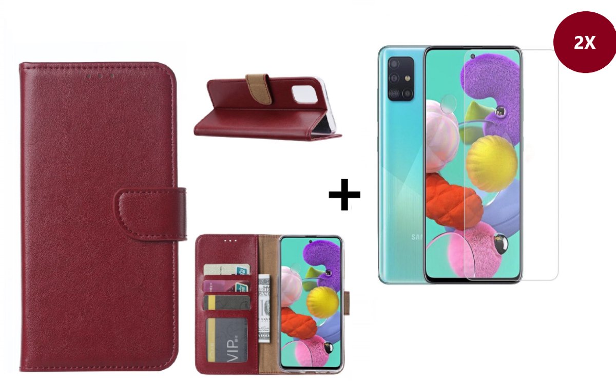 BixB Samsung A51 Hoesje - Bookcase + 2X Screenprotector - Bordeaux