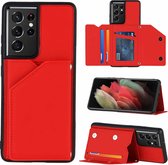 Voor Samsung Galaxy S21 Ultra 5G Skin Feel PU + TPU + PC Achterkant Schokbestendig hoesje met kaartsleuven & houder & fotolijst (rood)