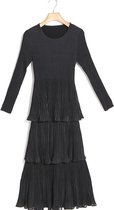 Geplooide lange sectie was dunne jurk met lange mouwen (kleur: zwart maat: one size)-Zwart