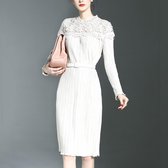 Retro Commuter Hollow Lace Stitching Lange mouwen Lange jurk Folds (Kleur: Wit Maat: L)-Wit
