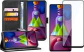 Samsung M51 Hoesje - Samsung Galaxy M51 Hoesje Book Case Leer Wallet Zwart + Samsung M51 Screenprotector Glas Full Screen Protector