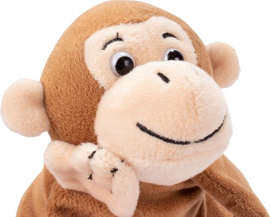 Marionnette marron singe avec museau clair et sourire brodé.
