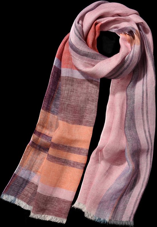 Zachte, linnen sjaal met ruitpatroon in warme,roze tinten