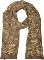 Sjaal gemaakt van rayon figuren libelle in de kleuren bruin geel beige, lengte 175 cm en breedte 65 cm .
