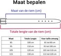 Illustratie van een riem met maataanduiding en tabel met riemmaat, totale lengte en tailleomvang in het Nederlands.