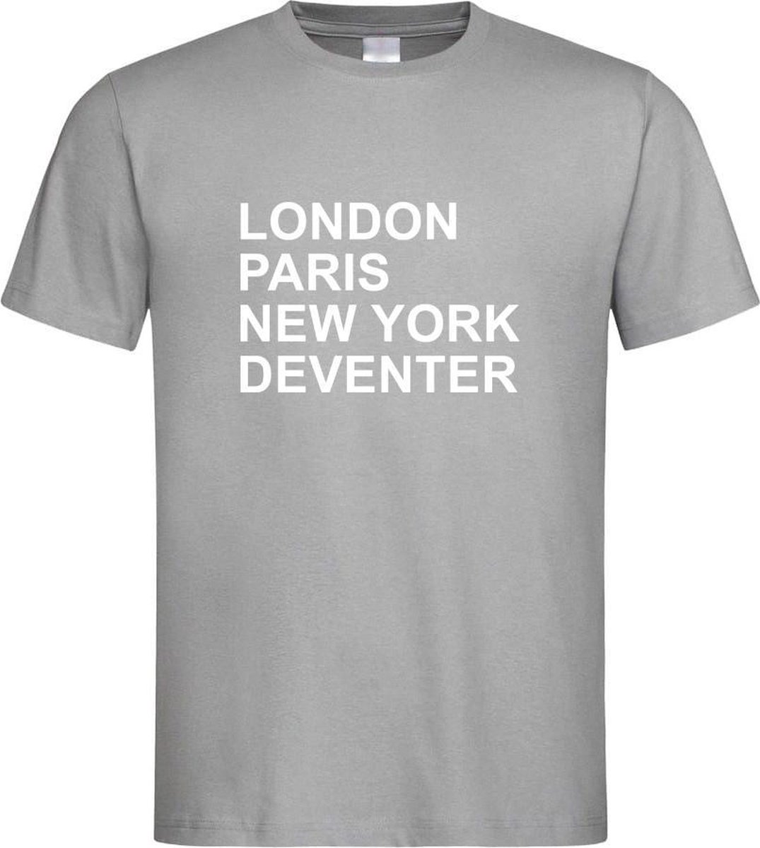 Grijs T-Shirt met “ London, Paris, New York en Deventer “ print Wit Size XXXL