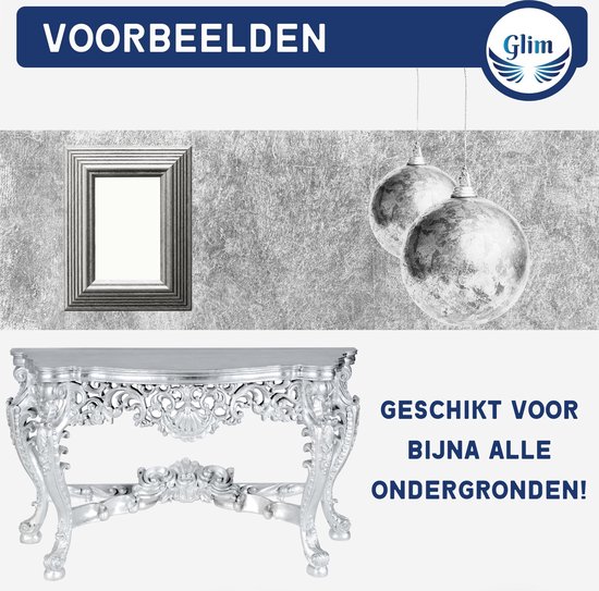 Voorbeelden van applicatie: een ingelijste spiegel, kerstballen en een sierlijke tafel, allemaal versierd met zilveren bladmetaal.