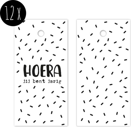 12x Labels Van Karton / Cadeaulabels Verjaardag | HOERA Jij Bent Jarig 80 X 40 Mm Zwart Wit