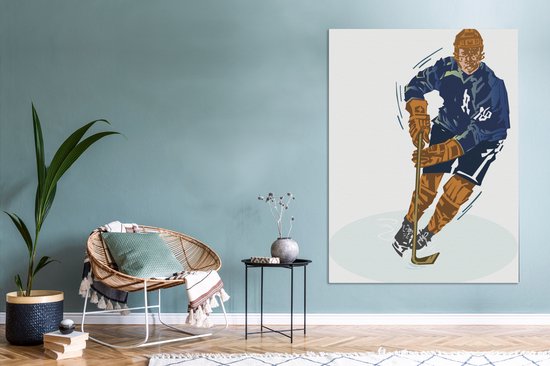 Un joueur de hockey sur glace avec un costume bleu dans une toile d'illustration 120x160 cm - Tirage photo sur Toile (Décoration murale salon / chambre) XXL / Groot format!