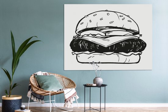 Canvas schilderij 160x120 cm - Wanddecoratie Een illustratie van een cheeseburger - Muurdecoratie woonkamer - Slaapkamer decoratie - Kamer accessoires - Schilderijen