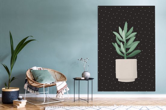 Illustration d'une succulente aux feuilles gris-vert sur fond noir à pois blancs 120x180 cm - Tirage photo sur Toile (Décoration murale salon / chambre) XXL / Groot format!