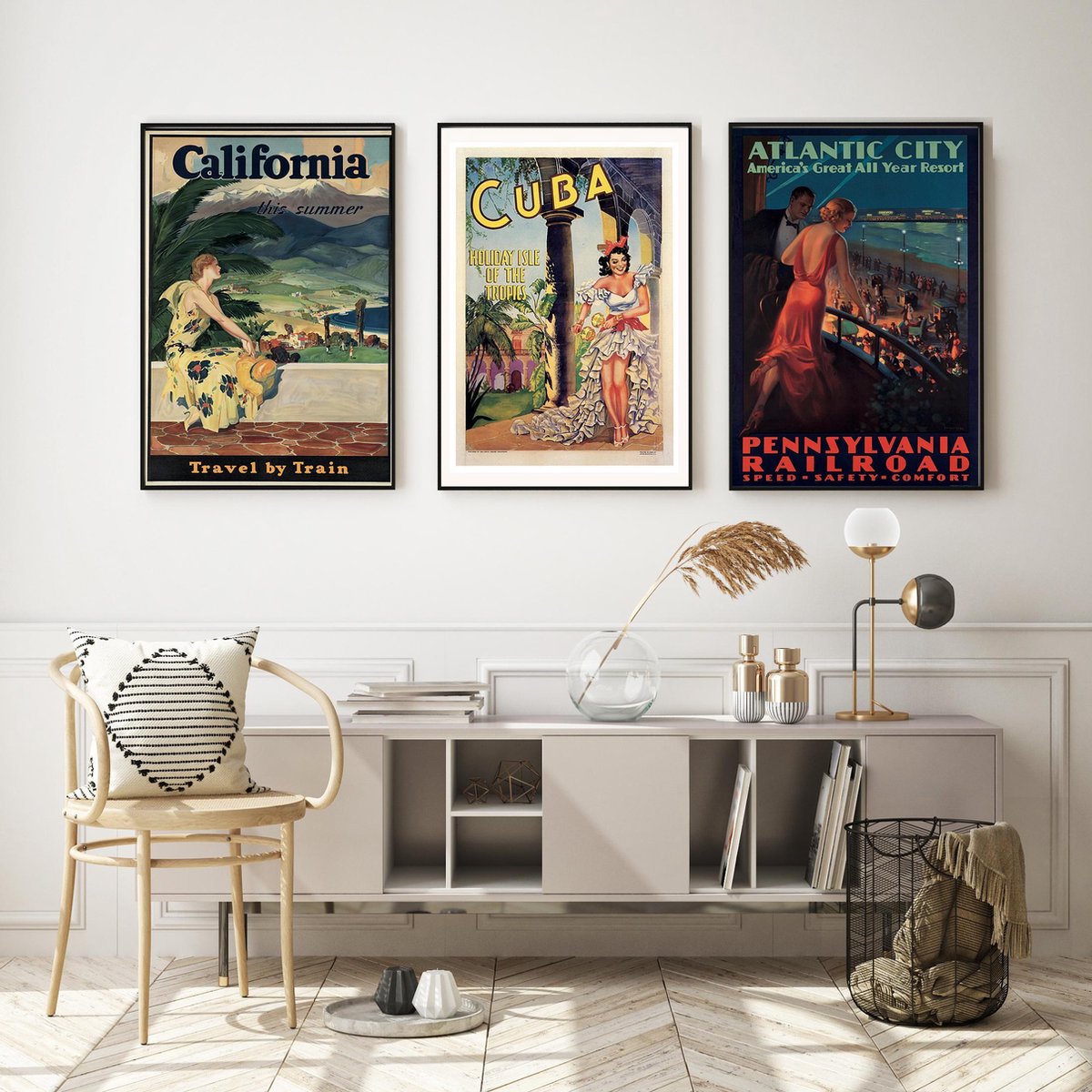 Esque Fotowand Vintage Reisposters - Californië, Cuba & Atlantic City - Poster Set van 3 - Wall Collage Multicolor