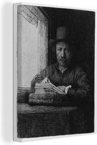 Canvas Schilderij Zelfportret etsend bij een raam - Rembrandt van Rijn - 60x80 cm - Wanddecoratie
