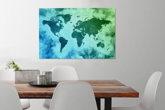 Wereldkaart avec peinture bleue qui passe au vert sur fond avec motif texturé 60x40 cm