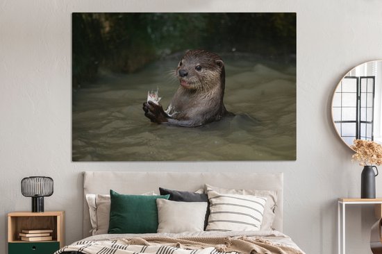 Otter avec de la nourriture dans l'eau toile 2cm 150x100 cm - impression photo sur toile peinture (Décoration murale salon / chambre à coucher) / Animaux sauvages Peintures Toile