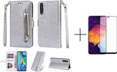 Glitter Bookcase voor Samsung Galaxy A50 | Hoogwaardig PU Leren Hoesje | Telefoonhoesje | Portemonnee | Zilver + 1x screenprotector