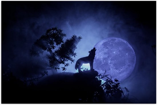 Poster – Huilende Wolf op Berg bij Volle Maan - 90x60cm Foto op Posterpapier