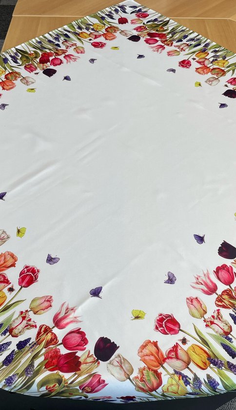 Tafelkleed - creme kleurig - bedrukt met tulpen - Vierkant 85 x 85 cm