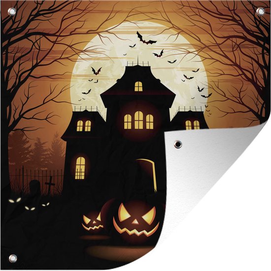 Tuinposters Een griezelig en alleenstaand huis tijdens Halloween in een illustratie - 50x50 cm - Tuindoek - Buitenposter