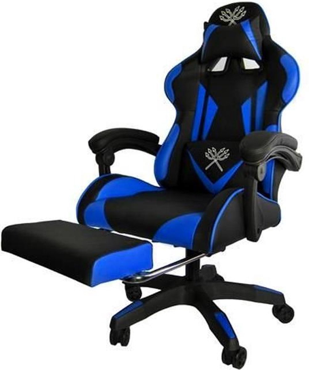Afbeelding 3 van Deluxe Game Stoel Zwart/Blauw - Gaming Stoel - Gaming Bureaustoel - Verstelbaar Kussen  - Uitschuifbare Voetensteun
