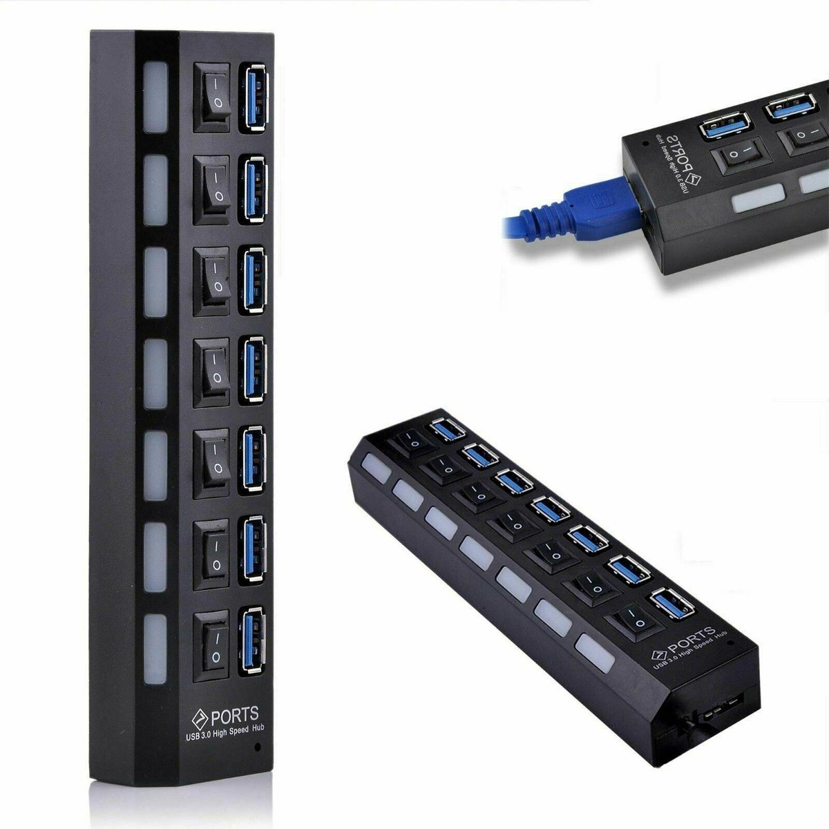 7-poorts Powered USB 3.0 Hub Aan/Uit-schakelaars / Switch / Splitter / Verdeler AC-adapter kabel voor Computer PC Laptop