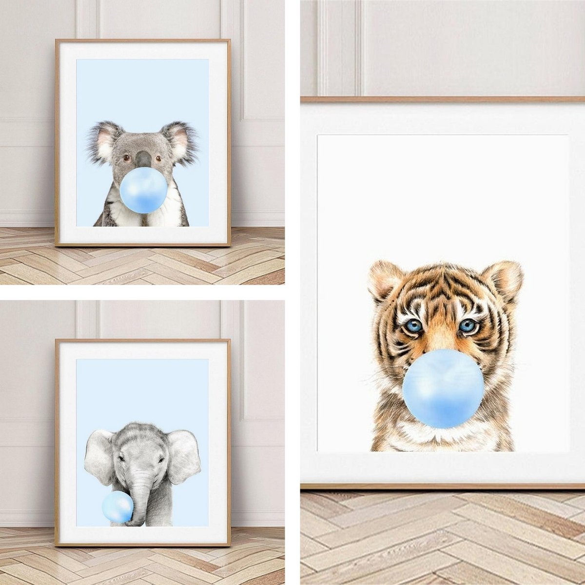 Posters Dieren - Kinderkamer - Babykamer - Bubble gum Blauw 30x21cm - A4