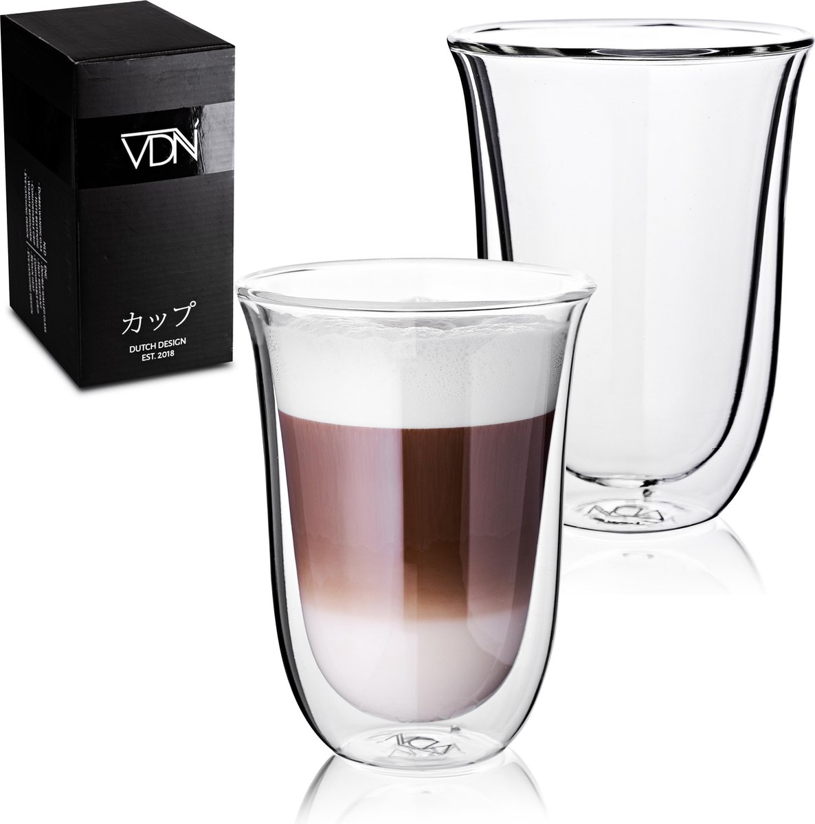 VDN Dubbelwandige Koffieglazen & Theeglazen - 300 ML mokken - Set Van 2 Handgeblazen Cappuccino Latte Macchiato Glazen Dubbelwandig