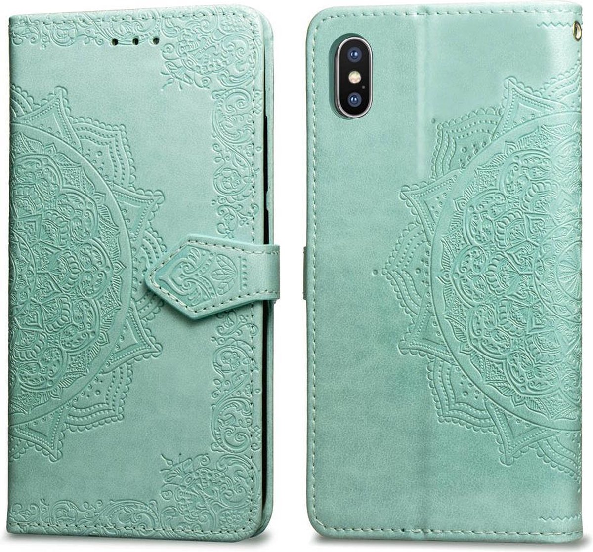 Geschikt voor Apple iPhone X - XS Bookcase - Groen - Bloemen - Portemonnee Hoesje