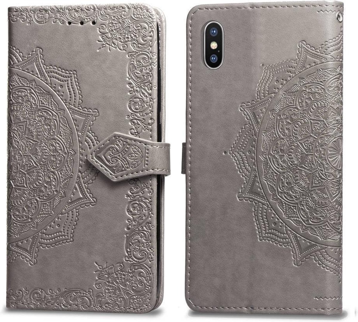 Geschikt voor Apple iPhone X - XS Bookcase - Grijs - Bloemen - Portemonnee Hoesje