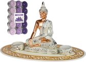 Boeddha beeld voor binnen 35 cm met 30x geurkaarsen lavendel - Buddha beeldje met theelichtjes/waxinelichtjes