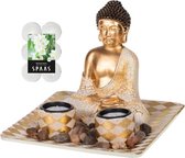 Boeddha beeld voor binnen 21 cm met 12x geurkaarsen Spiritual Jasmin - Buddha beeldje met theelichtjes/waxinelichtjes