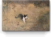 Kat op vogeljacht - Bruno Liljefors - 30 x 19,5 cm - Niet van echt te onderscheiden houten schilderijtje - Mooier dan een schilderij op canvas - Laqueprint.