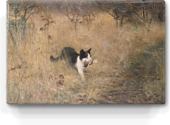 Schilderij - Kat op vogeljacht - Bruno Liljefors - 30 x 19,5 cm - Niet van echt te onderscheiden handgelakt schilderijtje op hout - Mooier dan een print op canvas.