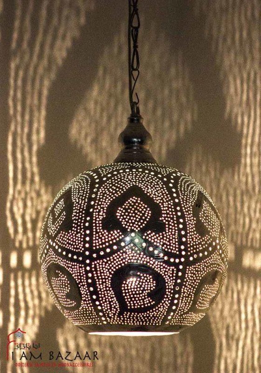 Bollamp Lotus zilver (M) - verzilverd - Handgemaakt - Authentiek - Egyptische - Marokkaanse - Oosterse Lampen - Afmeting Ø 24cm