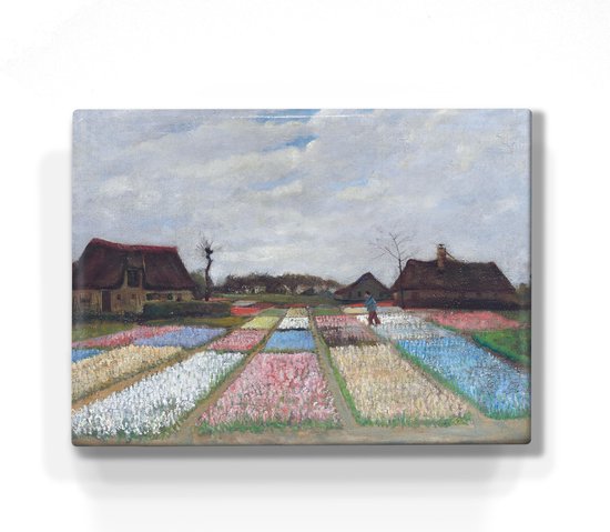 Schilderij - Bloembedden in Holland - Vincent van Gogh - 26 x 19,5 cm - Niet van echt te onderscheiden handgelakt schilderijtje op hout - Mooier dan een print op canvas.