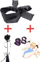 URlife® BDSM- Blindfold- Y compris Menottes et cheville Cuffs- Whip avec Tickler et Bondage Set pagaie - Mask- Toys Erotiek - Zwart