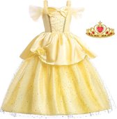 Bella jurk Prinsessen jurk verkleedjurk Luxe 140-146 (140) licht geel + kroon Prinsessenjurk meisje verkleedkleren meisje