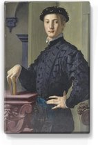 Schilderij - Portret van een jonge man met boek - Agnolo_Bronzino - 19,5 x 30 cm - Niet van echt te onderscheiden handgelakt schilderijtje op hout - Mooier dan een print op canvas.