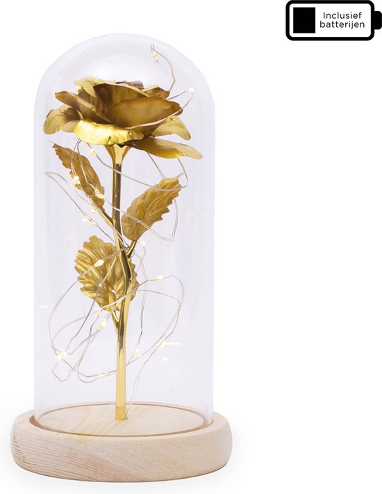 Vastu 24K Vergulde Decoratie Roos in Stolp - Woonaccessoire -Verjaardag - LED verlichting - Gouden beeld - Trouw & Liefde - Cadeautip - Beauty & the Beast - Gratis batterijen