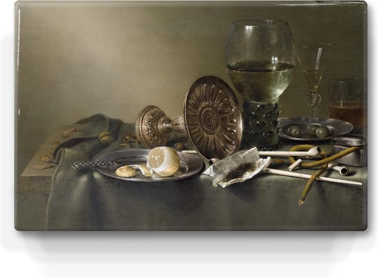 Schilderij - Stilleven met glazen en tabak - Willem Claesz Heda - 30 x 19,5 - Niet van echt te onderscheiden handgelakt schilderijtje op hout - Mooier dan een print op canvas.