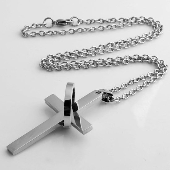 Ketting met Kruisje en Ring Hanger - Zilver Kleurig - Kettingen Heren Dames - Kruis - Cadeau voor Man - Mannen Cadeautjes